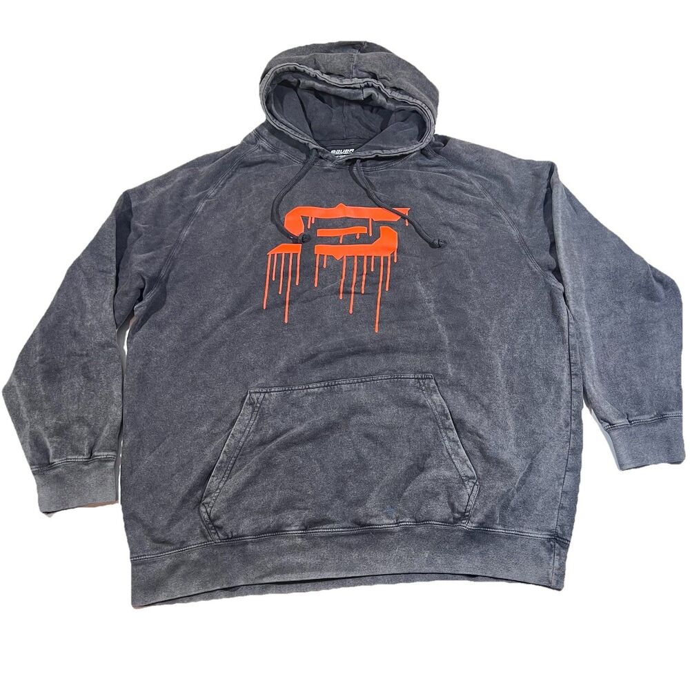 Bauer Hockey Acid Wash Gray Pullover Hoodie Orange Drip Logo Men's XL